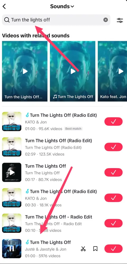 Finding Turn The Lights Off in TikTok music search
